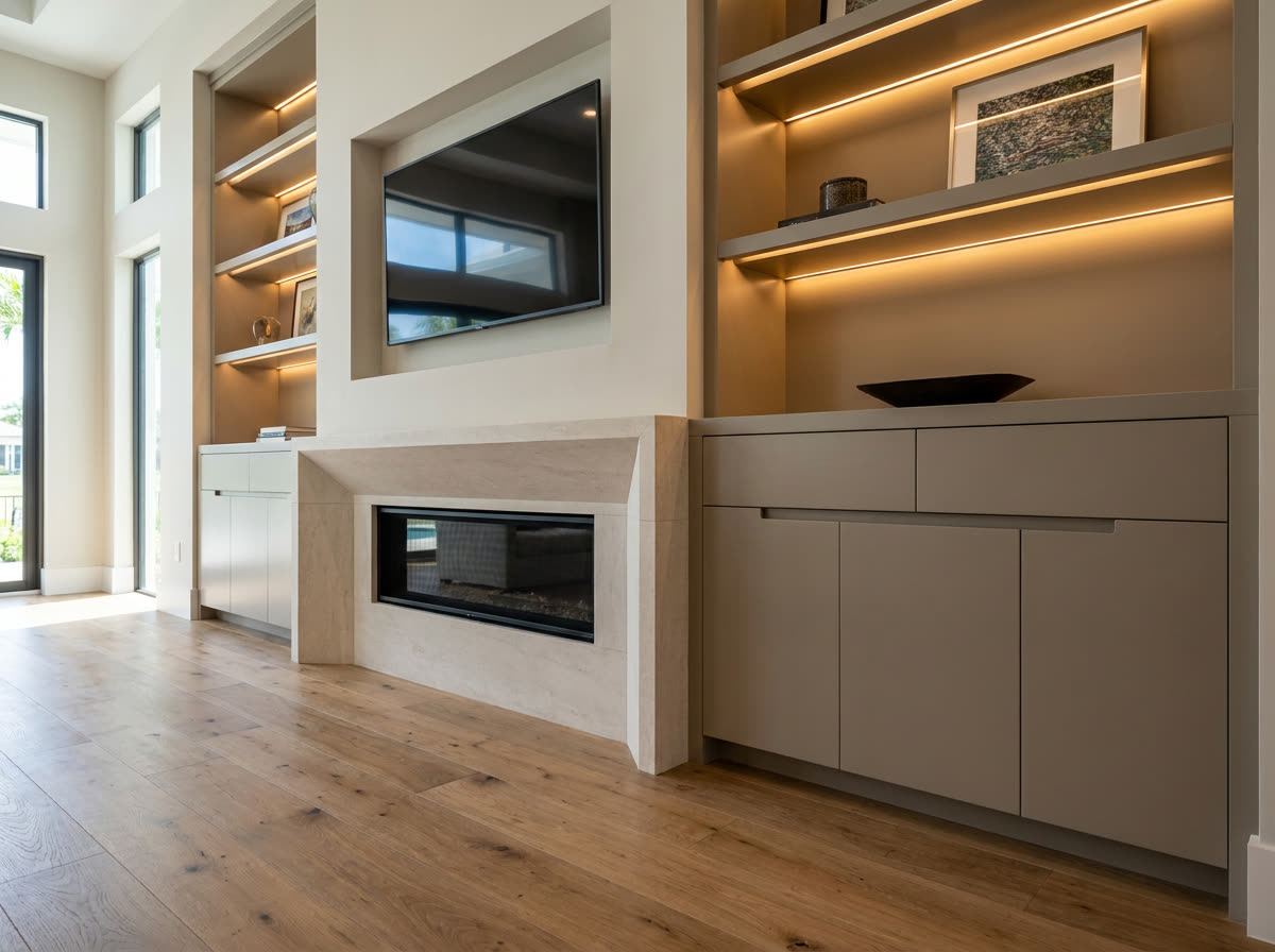 custom cabinetry flanking a linear fireplace with a recessed niche above the firebox