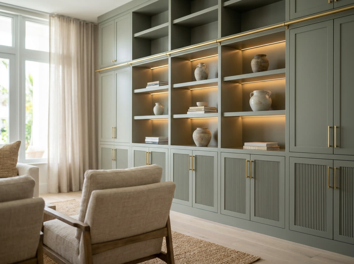 floor-to-ceiling library wall with fluted lower doors, open display shelving and integrated lighting