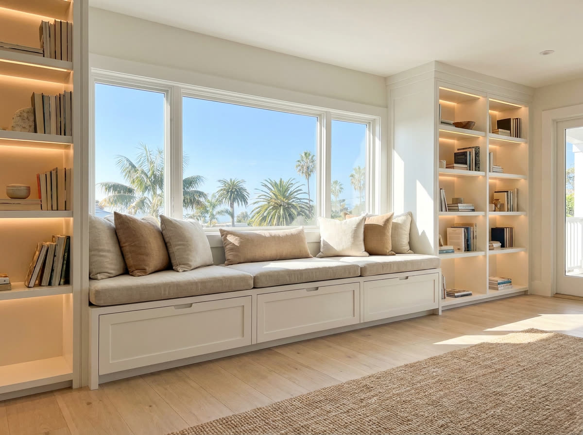 built-in window seat with drawers below and flanking bookcases in a coastal living room