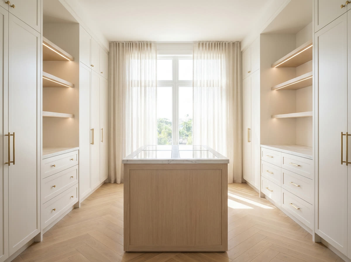 dressing room with a central island, marble top and surrounding custom cabinetry