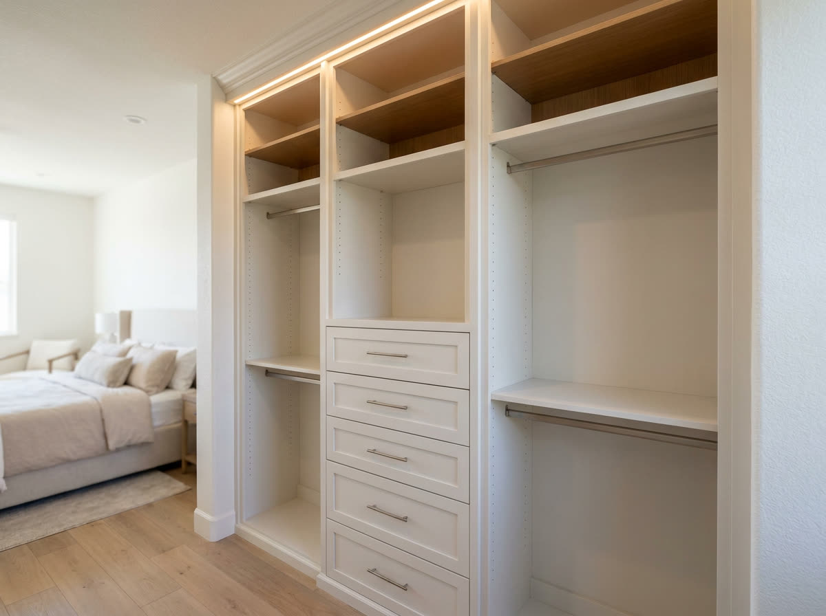 reach-in closet rebuilt as custom millwork with a central drawer bank