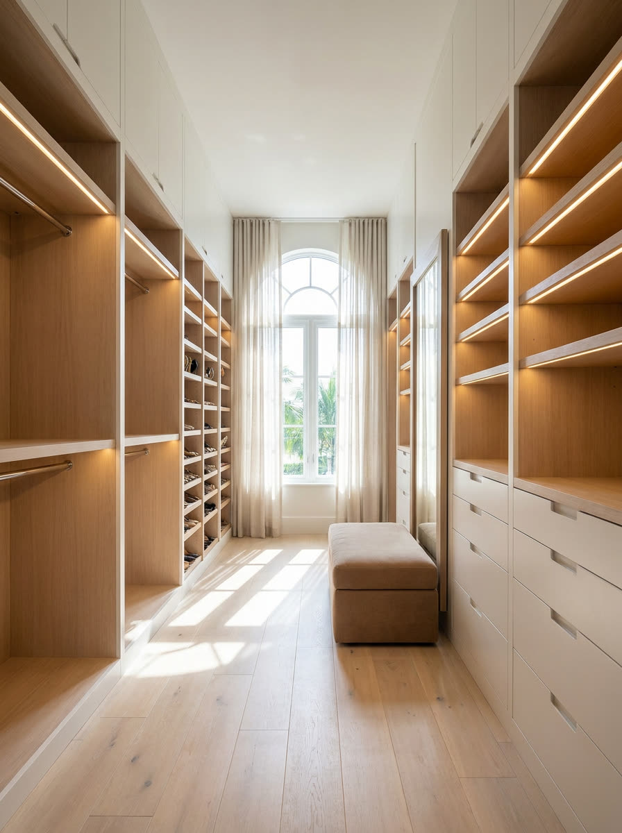 Walk-in dressing room with floor-to-ceiling millwork, double-hang sections, drawer banks and integrated shelf lighting